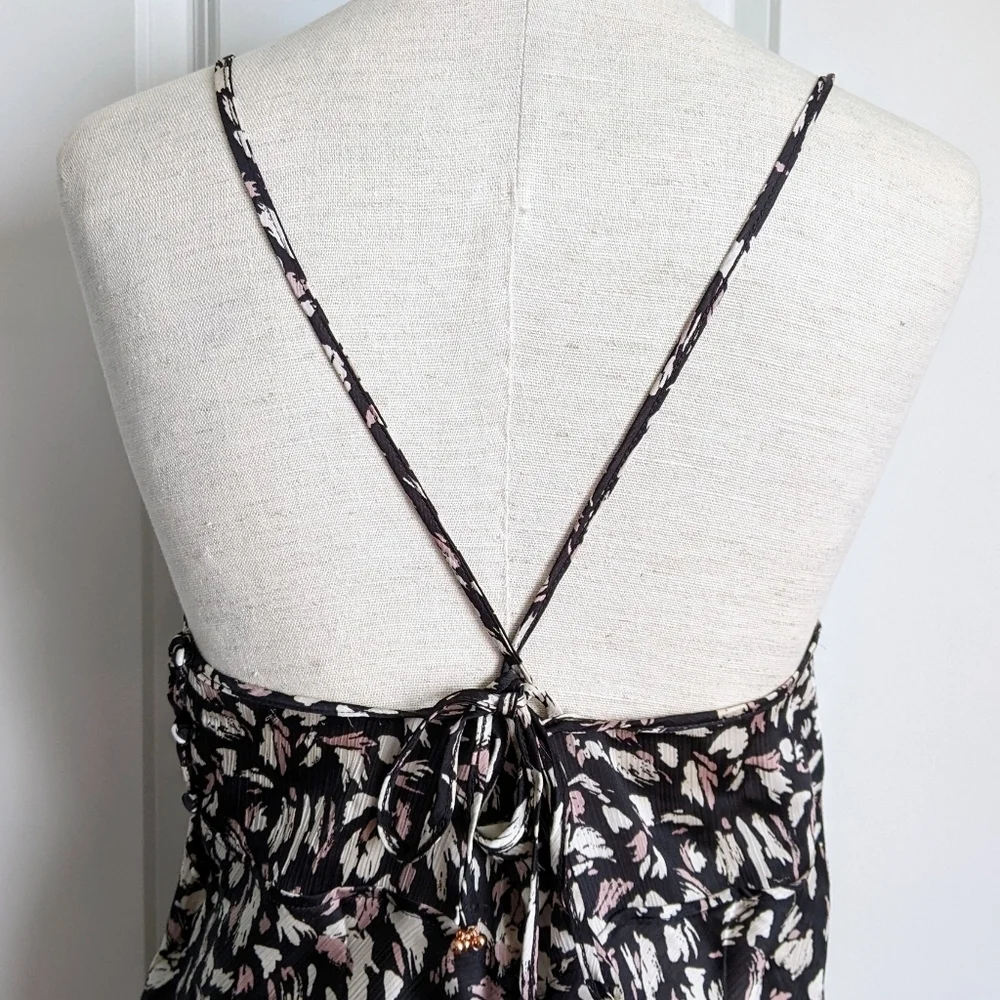 Free People Mini Dress Halter V-Neck Sleeveless Open Back Self Ties Black L NWT